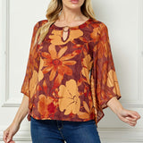 3/4 Kimono Sleeve Cutout Trim Front Neck Mix Media Blouse