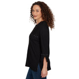 Alfred Dunner Spliced Texture Metallic Studded Top - Black - Petite
