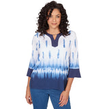 Alfred Dunner Tie Dye Border Split Neck Top- Petite