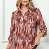 3/4 Button Tab Sleeve Johnny Collar Patch Pockets Button Front Blouse