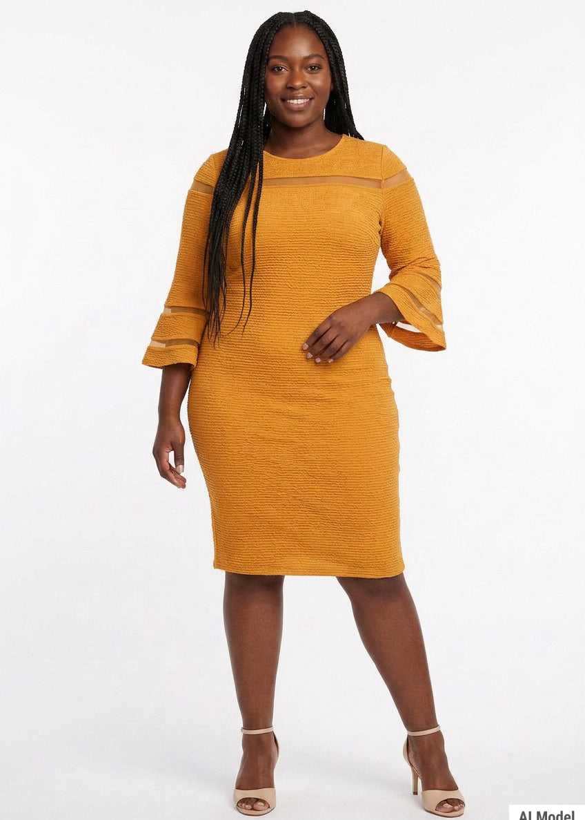 Plus-size model wears a mustard yellow textured sheath dress with sheer stripe detail, 3/4 bell sleeves, and crew neck;
