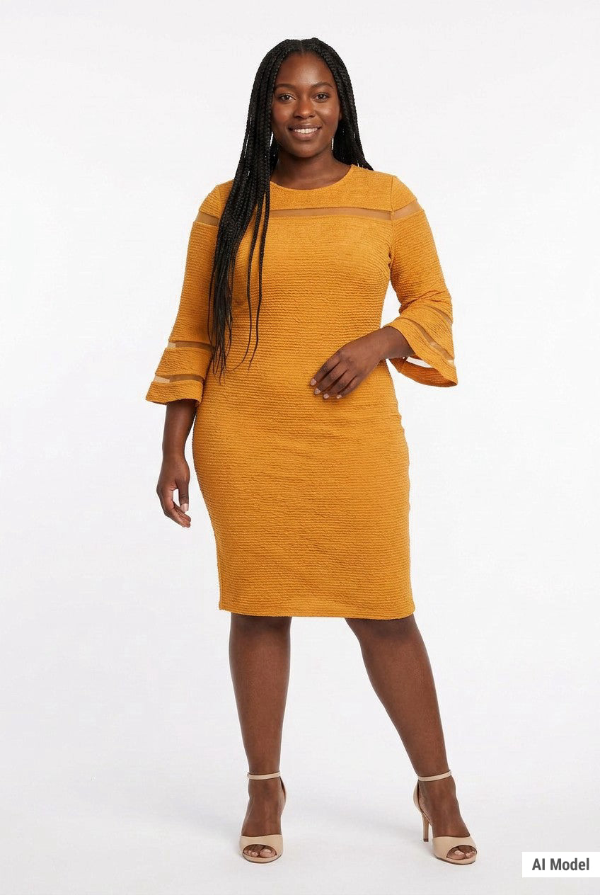 Plus-size model wears a mustard yellow textured sheath dress with sheer stripe detail, 3/4 bell sleeves, and crew neck;