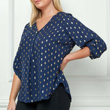 3/4 Button Tab Sleeve Button Placket Front V-Neck Popover Blouse with Diamond Foil Overlay - Plus