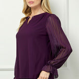 Long Ruffle Sleeve Cutout Removable Trim Fromt Boat Neck Mix Media Blouse