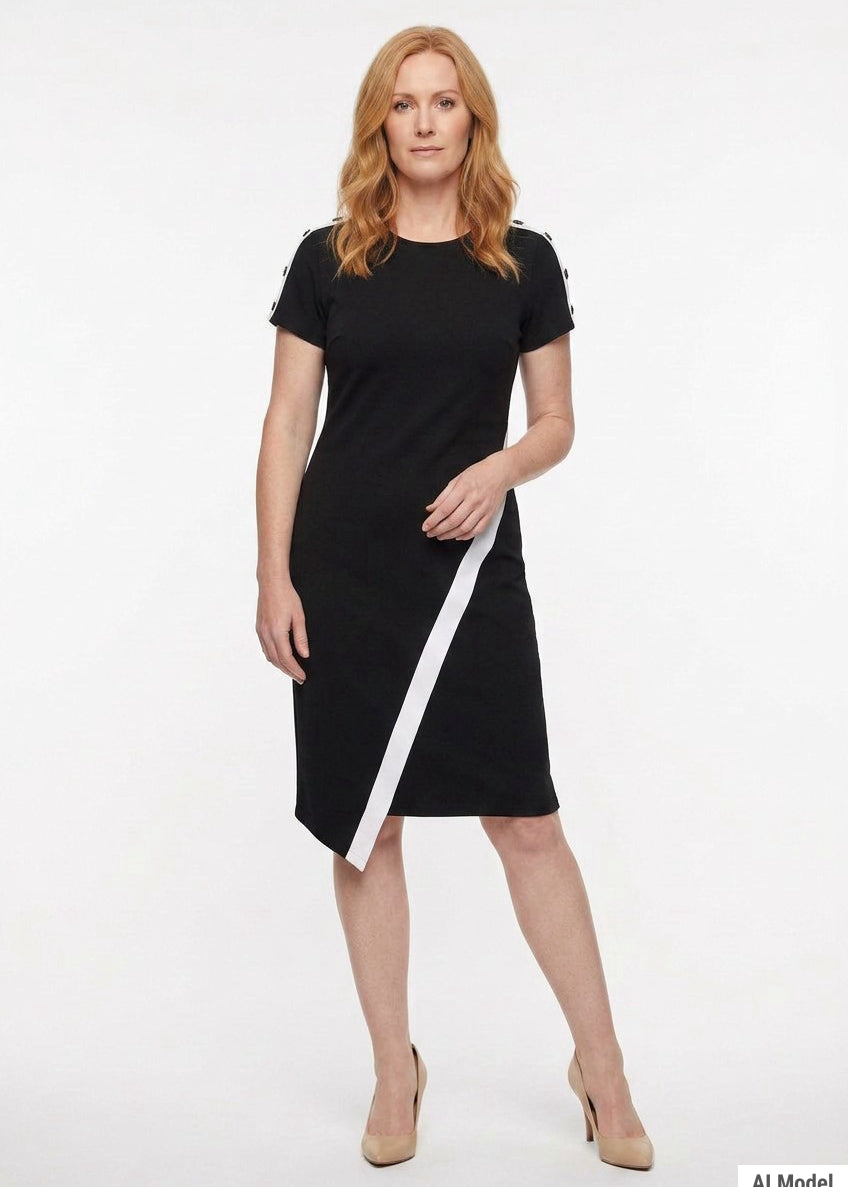 Short Sleeve Asymmetrical Hem Dress, Black, White
