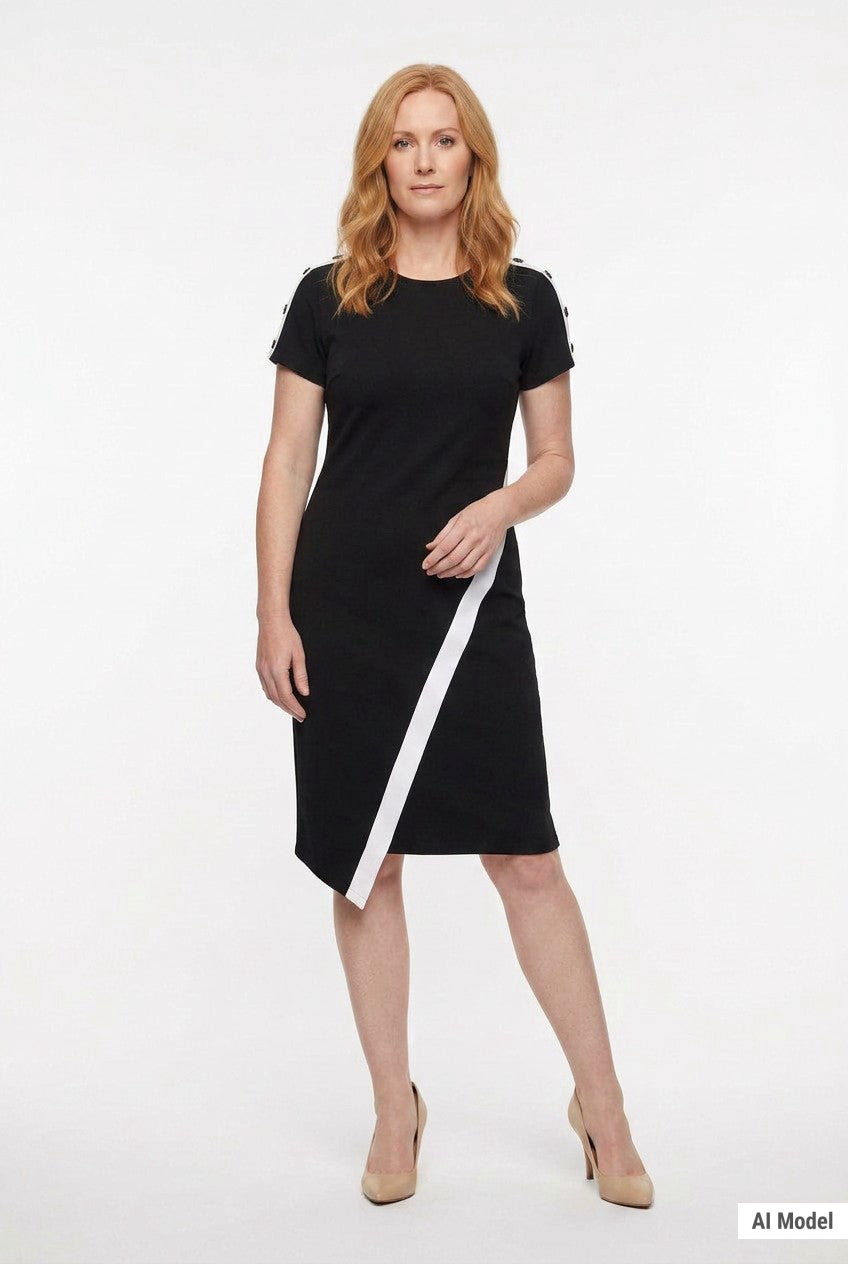 Front view of a black short-sleeve sheath dress with white diagonal stripe and asymmetric hem, button shoulder detail, worn