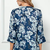 3/4 Button Tab Sleeve Button Placket Front Mandarin Collar Hi-Low Button Front Bouse