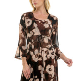 Sleeveless Scoop Neck Dress with 3/4 Bell Sleeve Tie Front Duster Shrug