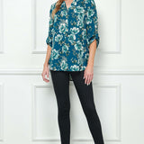 3/4 Button Tab Sleeve Button Placket Front Mandarin Collar Hi-Low Popover Blouse