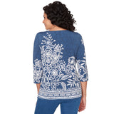 Alfred Dunner Floral Border Embroidered Split Neck Top- Petite