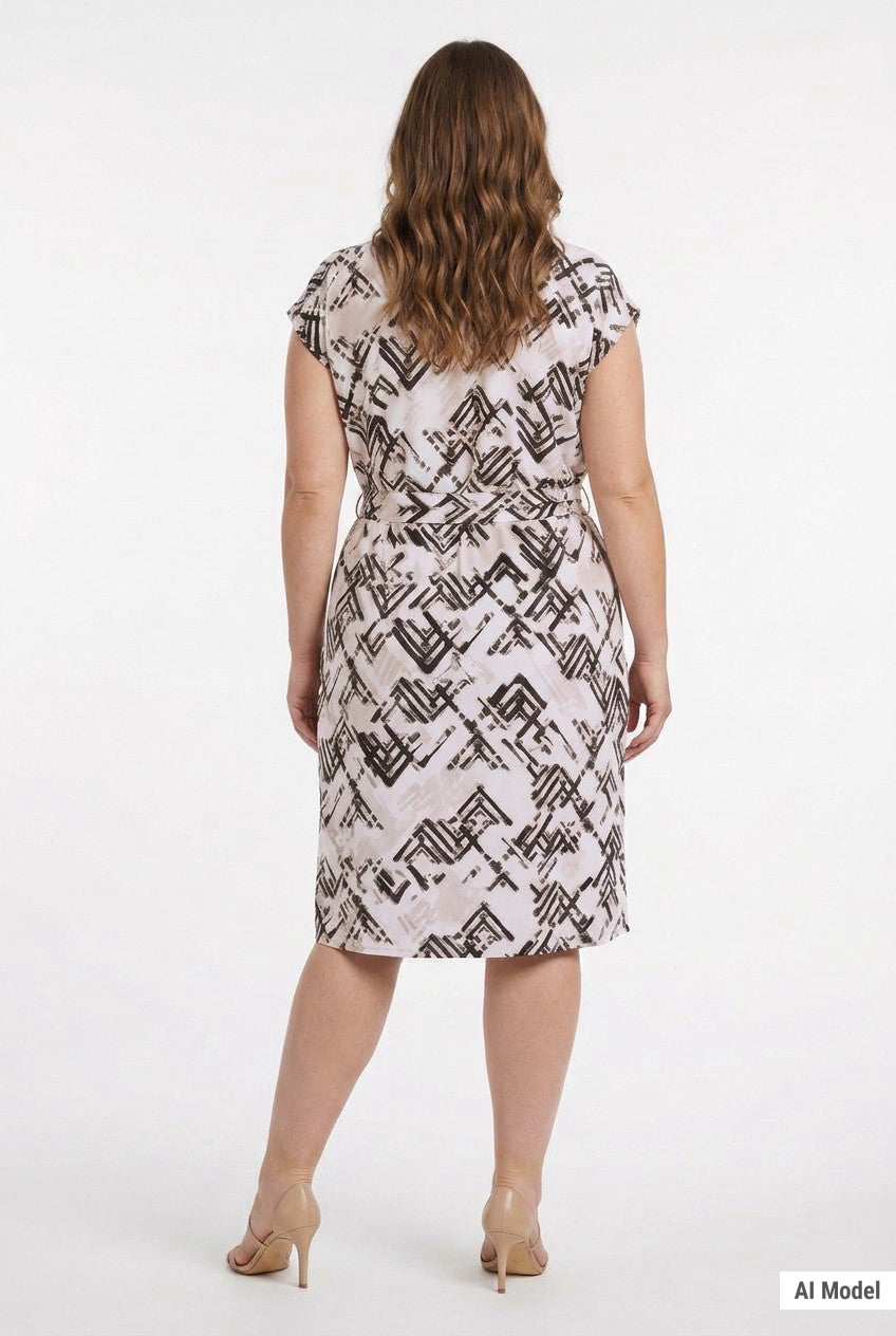 Plus-size model shown from back wearing a knee-length blush geometric-print cap-sleeve belted dress with fitted waist.