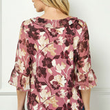 3/4 Ruffle Sleeve V-Neck Cascade Ruffle Front Mix Media Blouse