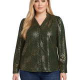 NY Collection Plus Size Long Sleeve V Neck Blouse With Metallic Print