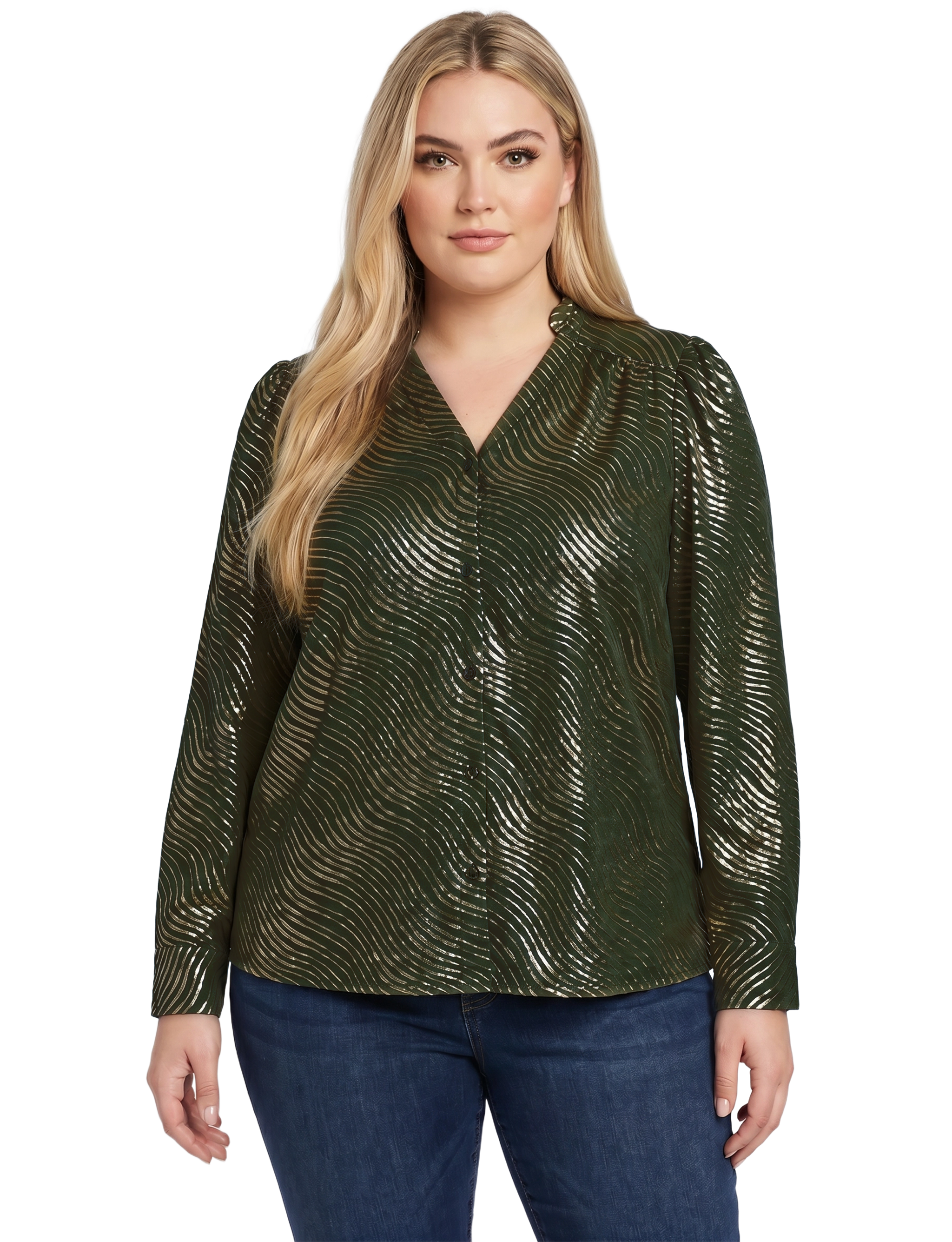 NY Collection Plus Size Long Sleeve V Neck Blouse With Metallic Print