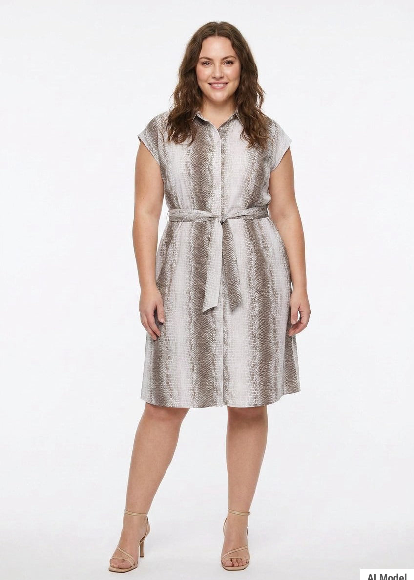 Plus-size model wears a knee-length sleeveless snake-print shirtdress in taupe and ivory with a self-tie belt, front full