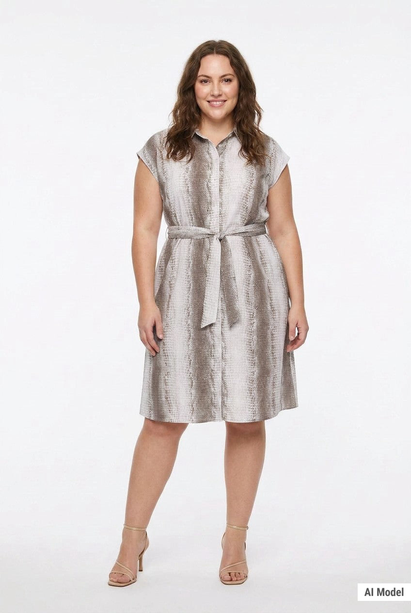 Plus-size model wears a knee-length sleeveless snake-print shirtdress in taupe and ivory with a self-tie belt, front full