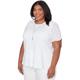 Alfred Dunner Solid Eyelet Sleeve Tee with Necklace - Plus