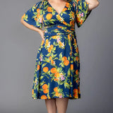 Jemma Ruched Tie Dress - Navy Citrus - Plus