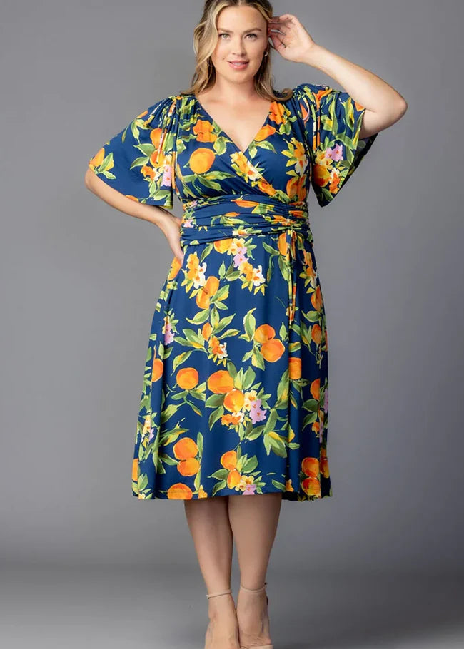 Jemma Ruched Tie Dress - Navy Citrus