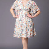 Florence Flutter Sleeve Dress  - Pale Blossoms -  Plus
