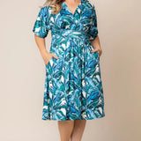Gia Midi Dress - Teal Palm Print - Plus