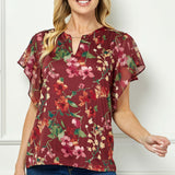 Short Flutter Sleeve Cutout Removable Trim Front Neck Mix Media Blouse