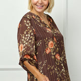 3/4 Button Tab Sleeve Mandarin Collar Button Front Placket Popover Lined Blouse with Lurex and Brown Studs - Plus