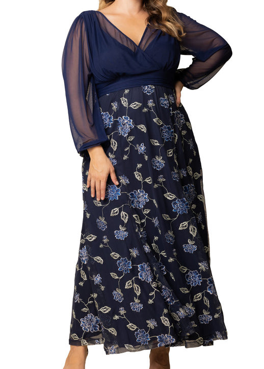 Kiyonna Plus Size Isabella Embroidered Mesh Formal Gown - Navy Blue Blooms Kiyonna Plus Size Isabella Embroidered Mesh Formal Gown - Navy Blue Blooms