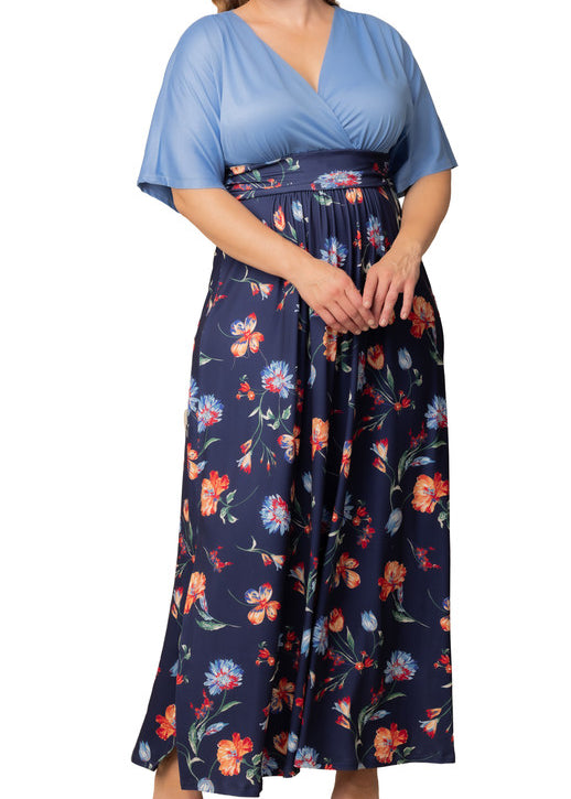 Kiyonna Plus Size Havana Color Block Maxi Dress - Vibrant Navy Florals Kiyonna Plus Size Havana Color Block Maxi Dress - Vibrant Navy Florals