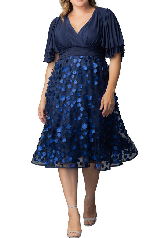 Pretty Petals Mesh Cocktail Dress - Navy Blossoms - Plus