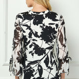 3/4 Ruffle Tie Sleeve Button Front Placket Mandarin Collar Mix Media Popover Blouse