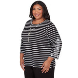 Alfred Dunner Pinstripe Embroidered Sleeve Top with Necklace - Plus