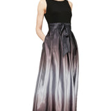Sleeveless Gown with Satin Ombre Skirt & Tie Belt - Black Silver