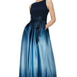 Sleeveless Gown with Satin Ombre Skirt & Tie Belt - Navy