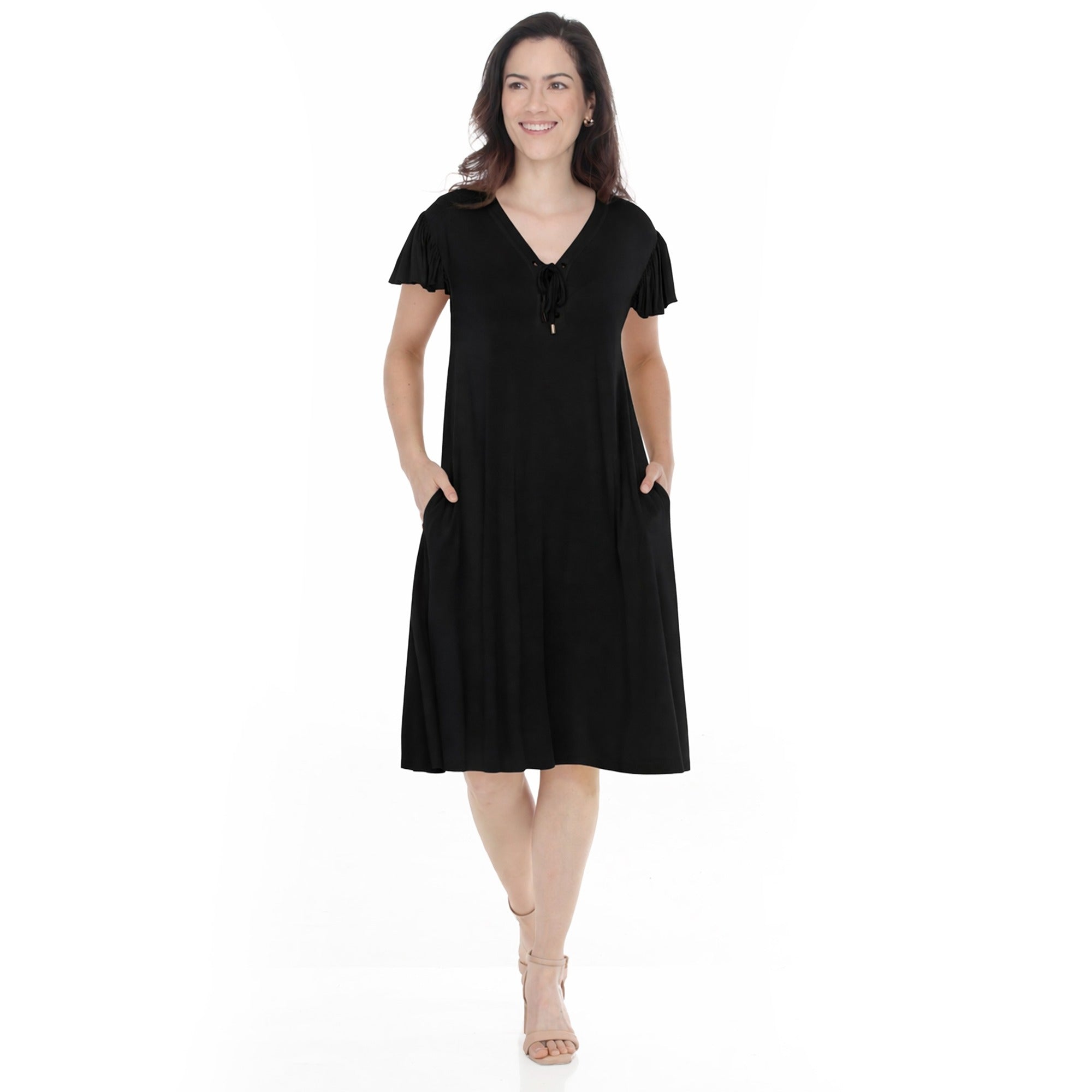 Women's V-Neck Tie Front Flutter Sleeve Shift Dress