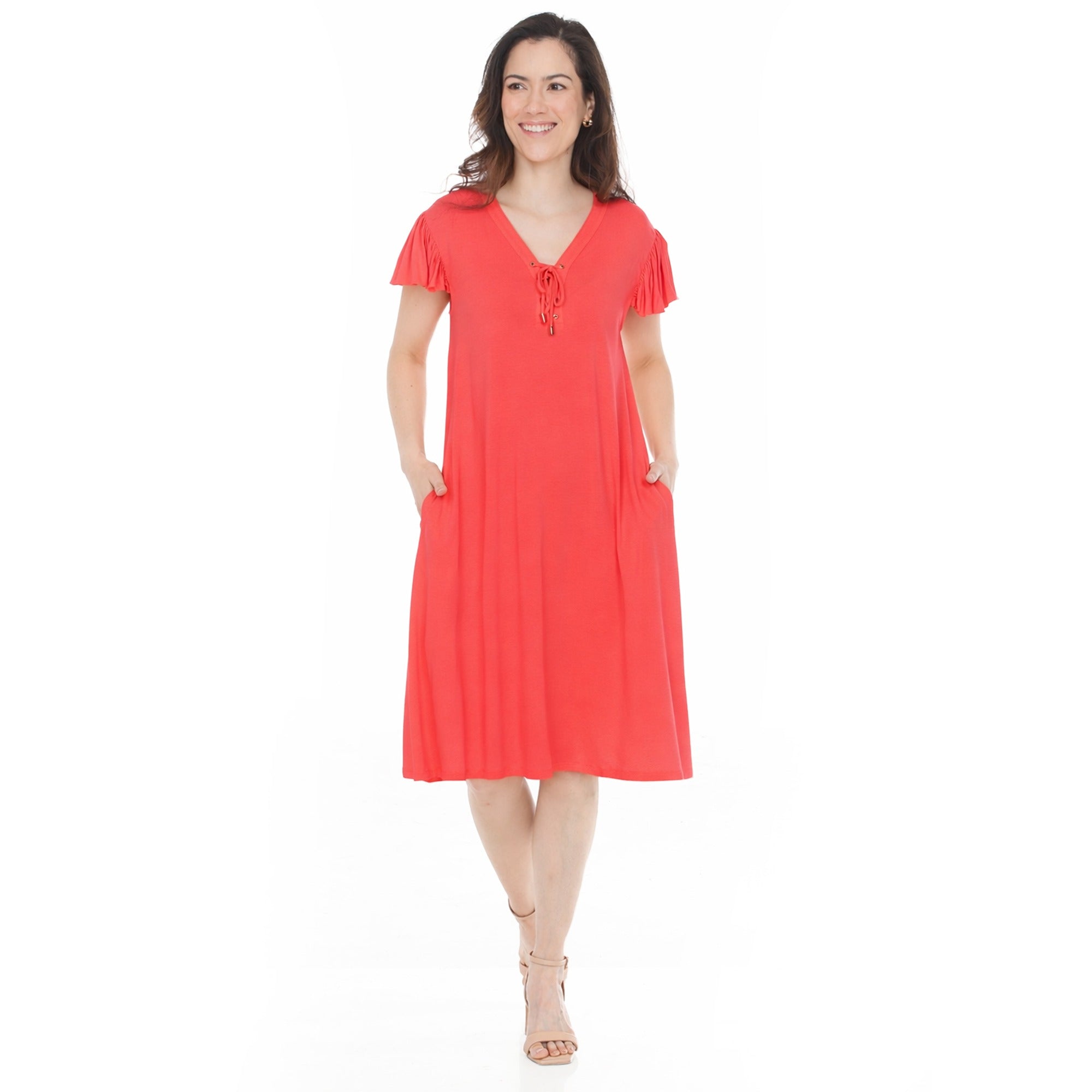 Women's V-Neck Tie Front Flutter Sleeve Shift Dress
