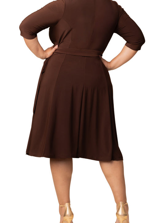 Kiyonna Plus Size Essential Wrap Dress with 3/4 Sleeves - Chocolate Kiyonna Plus Size Essential Wrap Dress with 3/4 Sleeves - Chocolate