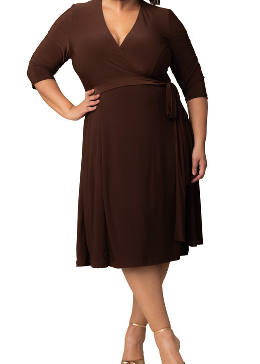 Kiyonna Plus Size Essential Wrap Dress with 3/4 Sleeves - Chocolate Kiyonna Plus Size Essential Wrap Dress with 3/4 Sleeves - Chocolate