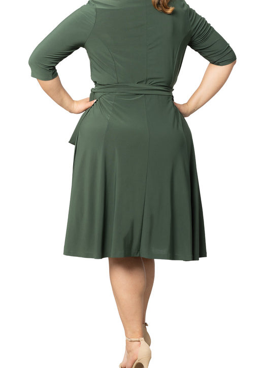 Kiyonna Plus Size Essential Wrap Dress with 3/4 Sleeves - Olive Green Kiyonna Plus Size Essential Wrap Dress with 3/4 Sleeves - Olive Green