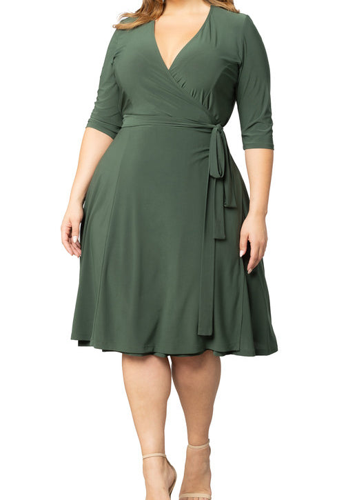Kiyonna Plus Size Essential Wrap Dress with 3/4 Sleeves - Olive Green Kiyonna Plus Size Essential Wrap Dress with 3/4 Sleeves - Olive Green