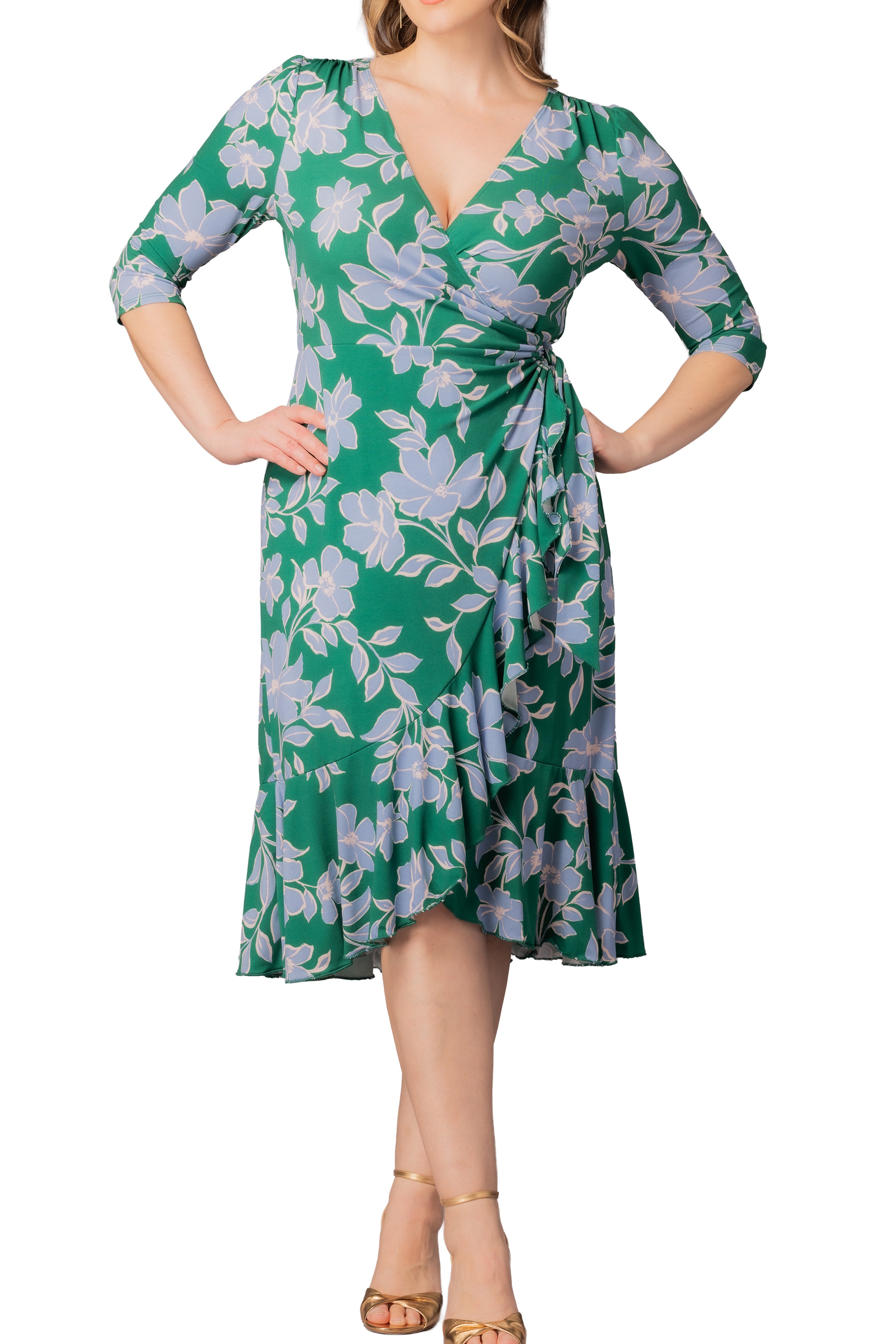 Flirty Flounce Wrap Dress Green & Blue Florals - Plus