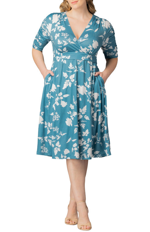 aqua mix bennet midi dress Kiyonna Women's Plus Size Gabriella Ruched Sleeve Midi Dress - Black