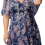 Florence Flutter Sleeve Dress in Navy Wisteria Blooms - Plus