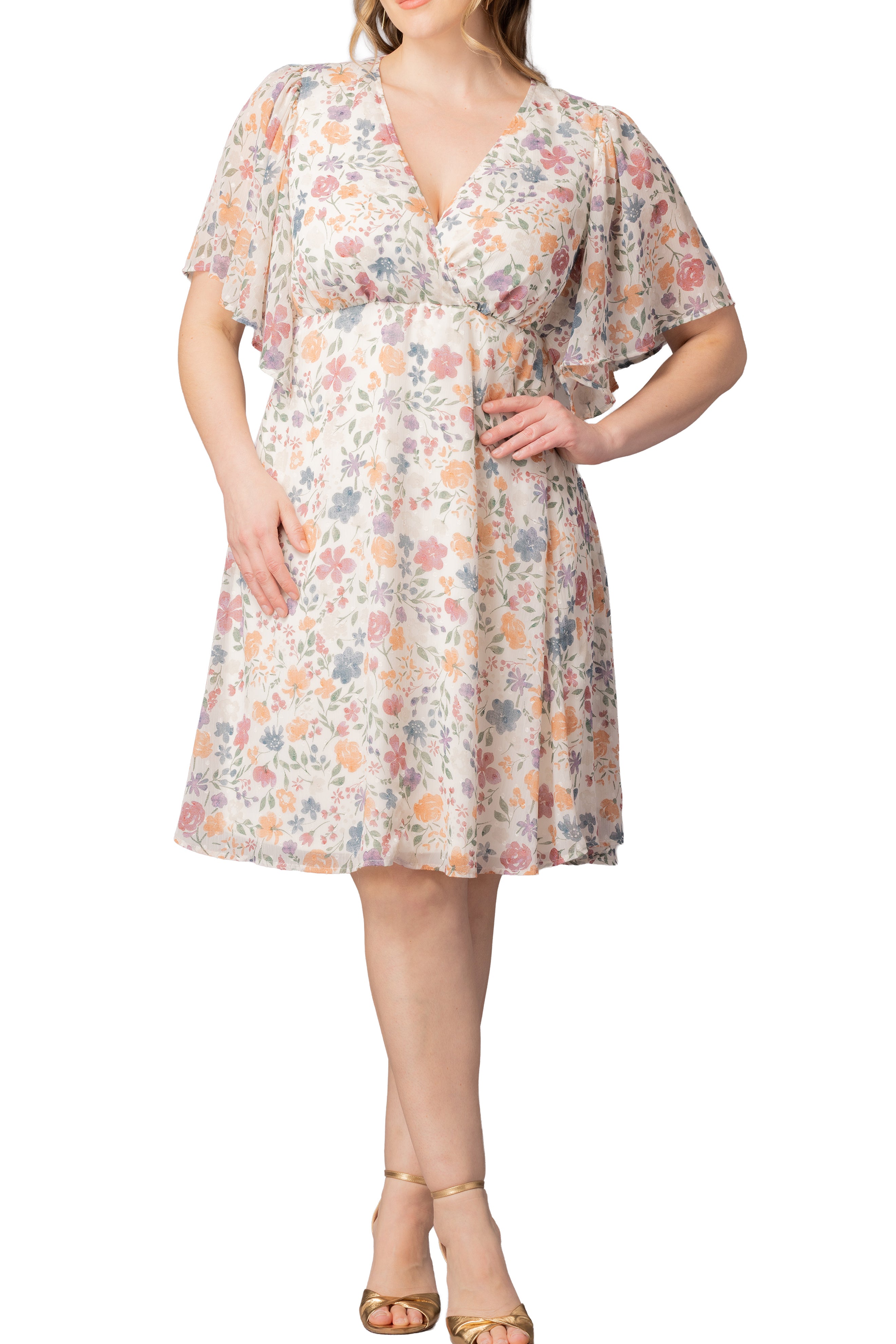Florence Flutter Sleeve Dress  - Pale Blossoms -  Plus