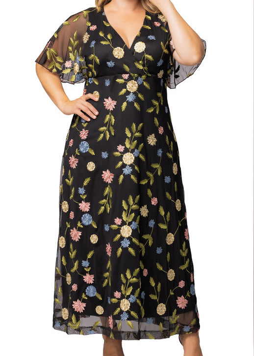 Black Blossom Print Embroidered Elegance Evening Gown - Plus Black Blossom Print / 3X Black Blossom Print Embroidered Elegance Evening Gown - Plus Black Blossom Print / 3X