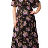 Embroidered Elegance Evening Gown Purple Peonies - Plus