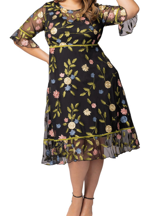 plus size floral embroidered dress Black Blossom Print Wildflower Embroidered Dress