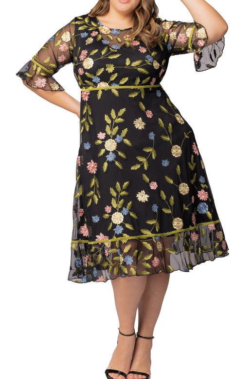 Black Blossom Print Wildflower Embroidered Dress - Plus