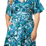Gia Midi Dress - Teal Palm Print - Plus