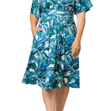 Gia Midi Dress - Teal Palm Print - Plus